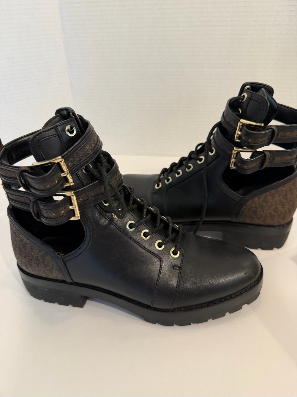 Michael Kors Black Leather Lace-Up Ankle Boots with Buckle Straps 7.5